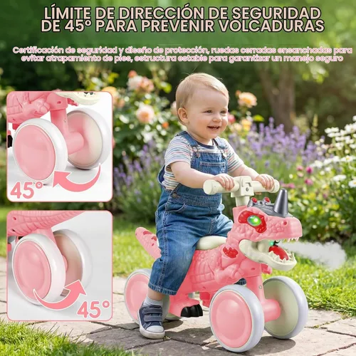 Vista 3 de Bicicleta de equilibrio para bebés de 1 año de edad, bicicletas de equilibrio de dinosaurio con sonidos, música y efectos de pulverización Rosa