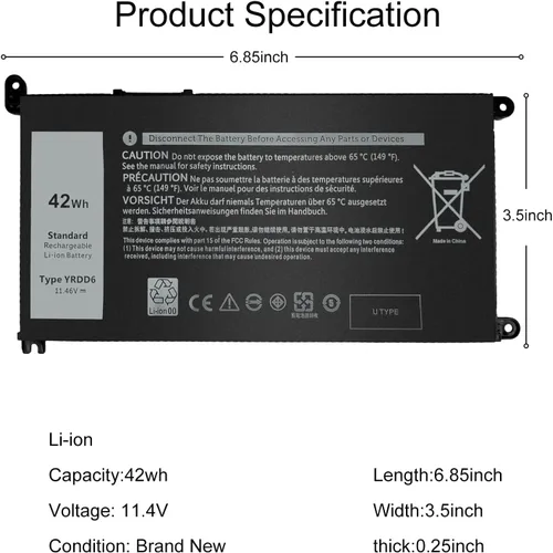 Vista 2 de YRDD6 - Batería para portátil de 42 Wh, 11.4 V, compatible con Dell Inspiron5491 5482 5481 5591 5485 7586 3583 3310 2 en 1 5593 3793 3493 5584 3593