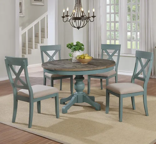 Vista 2 de Roundhill Furniture Prato - Juego de mesa de comedor redonda de 5 piezas con sillas de respaldo cruzado, color azul antiguo y nogal envejecido