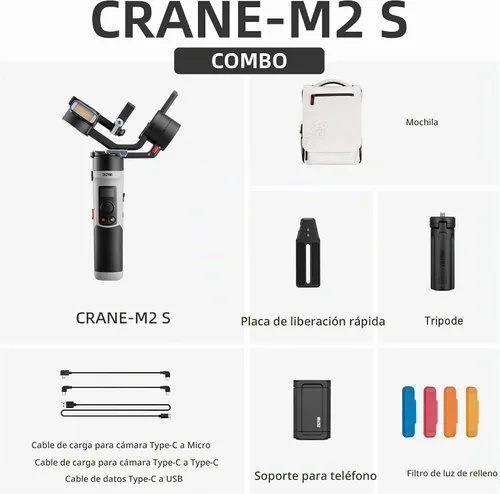 Vista 2 de Zhiyun Crane M2S Combo Gimbal Estabilizador para cámaras, luz de llenado integrada, control Bluetooth, disparo vertical, compatible con cámaras sin