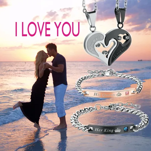 Vista 6 de Karlota Juego de pulseras con dije de acero inoxidable para parejas, con texto en inglés "I Love You" a juego, para novios, novias, novias, regalos