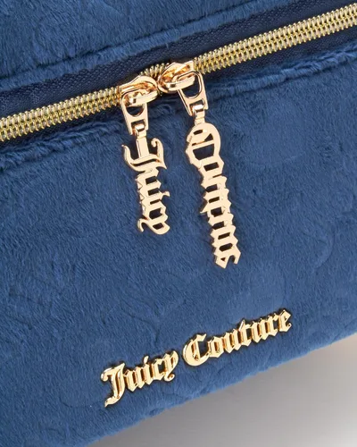 Vista 3 de Juicy Couture Bolsa de Maquillaje Organizador de Cosméticos Esenciales de Viaje Estuche de Tren de Terciopelo Logotipo de Corazón, Azul, Tamaño único