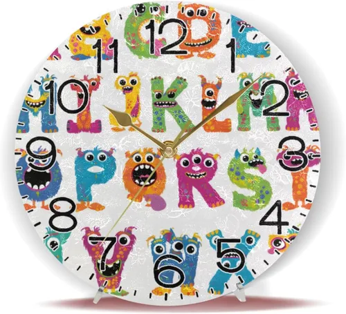 Vista 6 de ALAZA Reloj de pared con letras del alfabeto de monstruo divertido, funciona con pilas, silencioso, de cuarzo, analógico, rústico, rústico, reloj