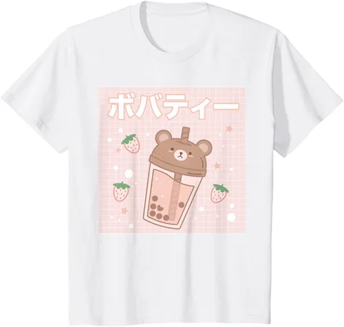 Vista 28 de Camiseta estética Kawaii con diseño de oso lindo y té con leche burbuja, talla S Blanco