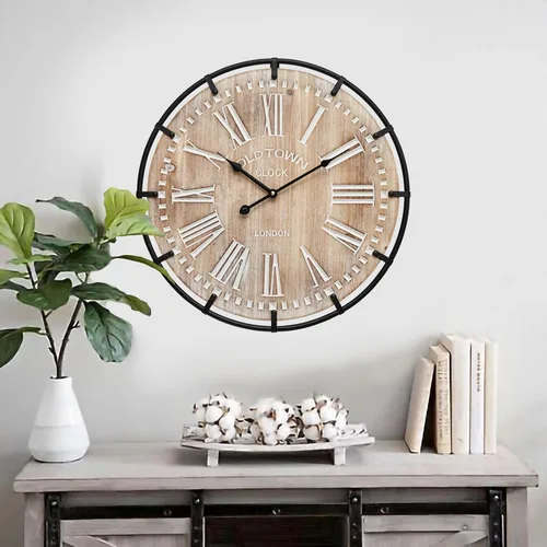 Vista 2 de Reloj de pared Grand Farmhouse de 20 pulgadas, diseño de madera y metal de inspiración vintage con grandes números grabados, reloj silencioso