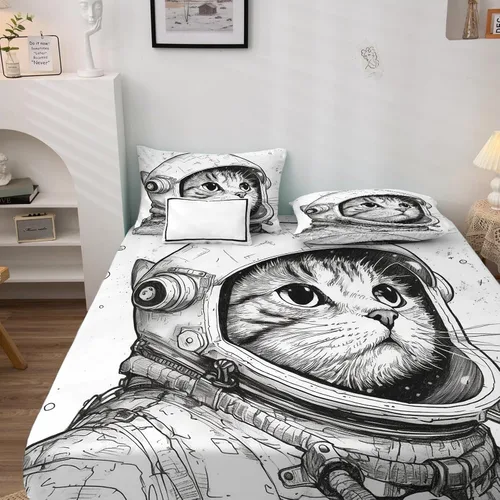 Vista 2 de Sábanas de gato tamaño individual, sábanas de astronauta, sábanas y fundas de almohada estampadas de 3 piezas, sábana bajera ajustable de microfibra