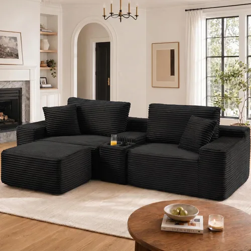 Vista 8 de Sofá modular sin hueso de 111 pulgadas en forma de L con portavasos y puertos de carga USB, sofá modular de 3 asientos con otomana de Negro azabache