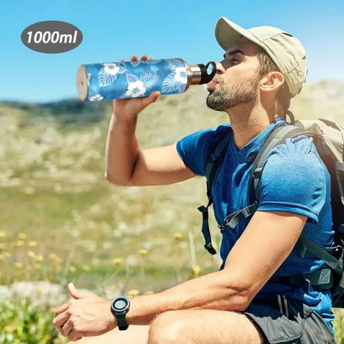 Vista 7 de Stainless Steel Vacuum Insulated Water Bottle 20 Oz, Leakproof Water Bottles for Gym Outdoor Travel School, Flowers Tropical Leaves Blue