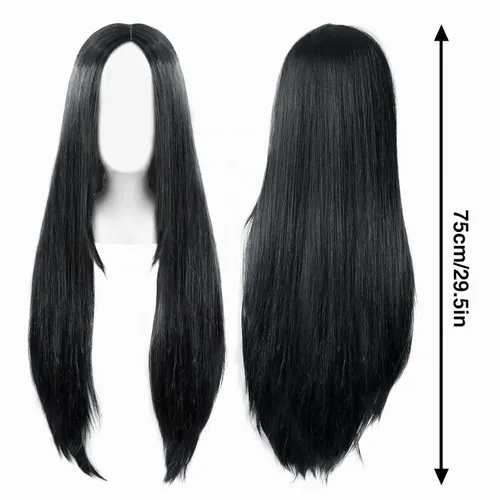 Vista 2 de S_SSOY 75cm/29.5" Pelucas largas rectas Cosplay Halloween sin flequillo peluca para mujeres Negro
