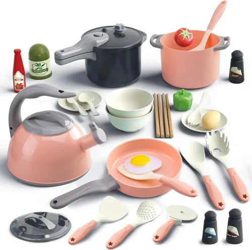 Vista 17 de Bruvoalon Juego de 32 juguetes de cocina para niños, accesorios de cocina con ollas, sartenes, utensilios de cocina, alimentos, verduras enlatadas