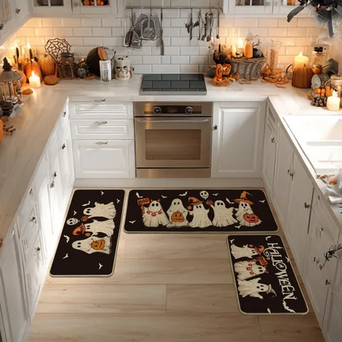 Vista 2 de Artoid Mode Juego de 3 tapetes de cocina de Halloween con diseño de murciélago y calabaza, fantasma, color negro, decoración del hogar, alfombras