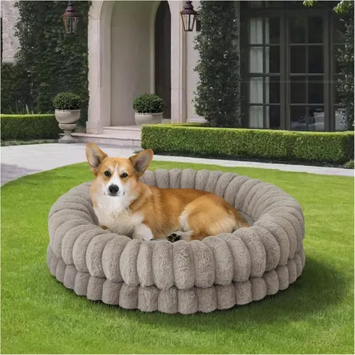 Vista 10 de BALANCE Cama de lujo para perros en forma de dona, camas redondas de 24 pulgadas para perros pequeños, lavable, cama ortopédica calmante para Gris
