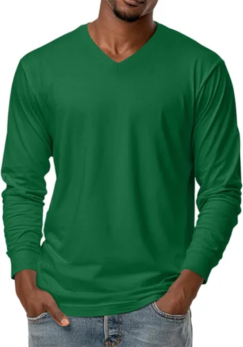Vista 7 de Camiseta para hombre, manga larga, cuello en V, color liso, informal, básica, suave, elástica, M-3XL