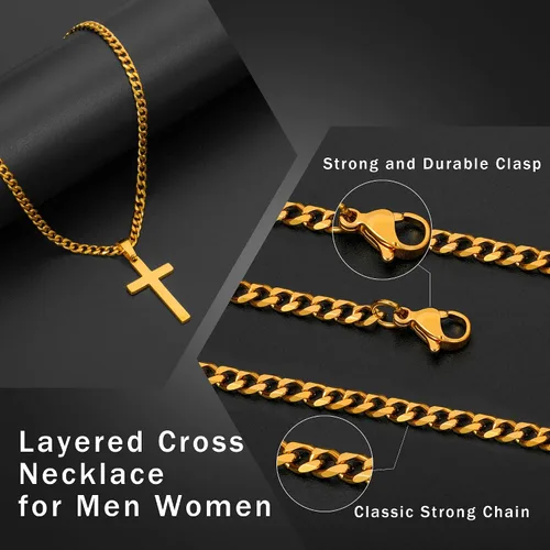Vista 4 de LUXEJEW Cross Necklace for Men, Silver Black Gold Stainless Steel Cuban Chain Cross Pendant Necklace for Men