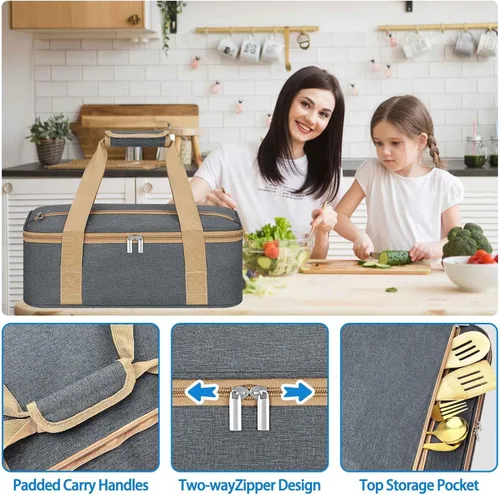 Vista 2 de Porta ollas aislada con bolsillos con cremallera, porta ollas para alimentos calientes o fríos, porta alimentos aislado para fiestas, picnics