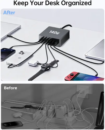 Vista 10 de Estación de carga USB C, estación de carga rápida GaN III de 7 puertos de 140 W, estación de carga USB PD 3.0 para múltiples dispositivos, estación