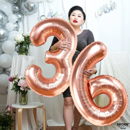 Vista 3 de KatchOn, Globos de oro rosa con el número 36, gigantes, 40 pulgadas, globos de aluminio de oro rosa con el número 36, decoraciones de feliz