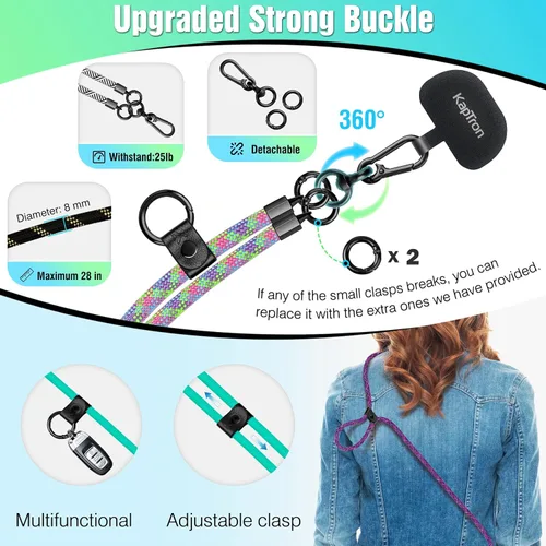 Vista 2 de Kaptron Cordón universal para teléfono celular: correa cruzada ajustable para teléfono celular con soporte de silicona para teléfono y correas