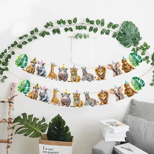 Vista 6 de Pancarta de animales de safari, 2 unidades, banderines recortados para fiesta de selva, carteles colgantes con temática de safari, decoraciones