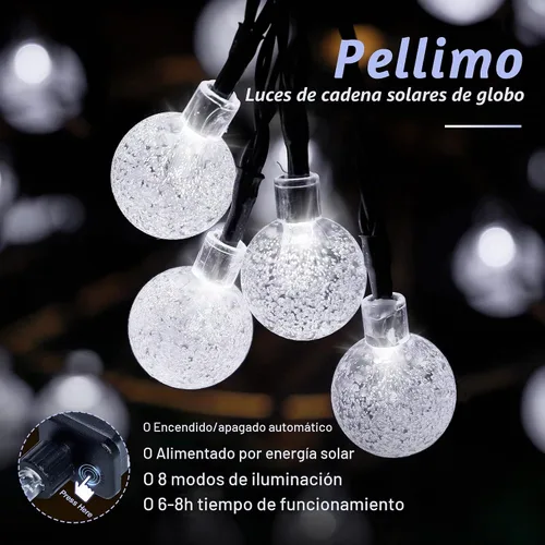 Vista 2 de Paquete de 2 tiras de 30 luces LED solares de 20 pies para exteriores, luces de globo de cristal con 8 modos de iluminación, luces solares Blanco