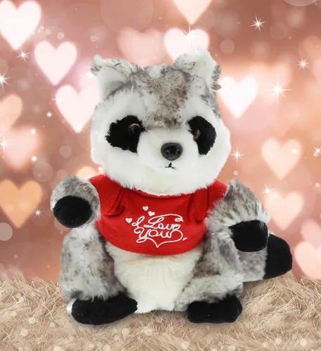 Vista 5 de DolliBu Mapache de peluche con texto en inglés "I Love You", bonito animal de peluche con camisa roja y nombre, regalo personalizado para el día