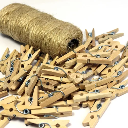 Vista 4 de Mini pinzas de madera con cordel de yute, 250 piezas, pinzas de papel fotográfico de 1 pulgada con cordel natural de 66 pies para álbumes