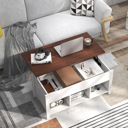Vista 8 de GOFLAME Mesa auxiliar elevable, mesa central con mesa elevadora, compartimento oculto, 3 estantes abiertos, patas medias, almohadillas