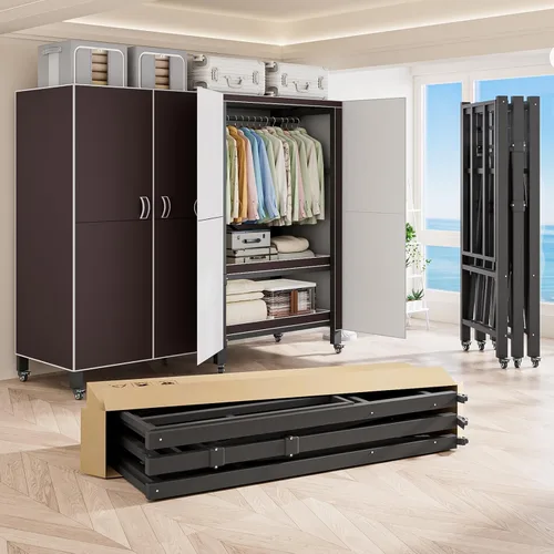 Vista 12 de Perchero cubierto resistente con puerta magnética, plegable, portátil, para colgar ropa, perchero de metal negro con ruedas (negro, 49.12 pulgadas)