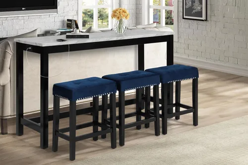 Vista 2 de New Classic Furniture Celeste - Juego de mesa de bar de mármol sintético con 3 taburetes de bar, terciopelo azul con base negra