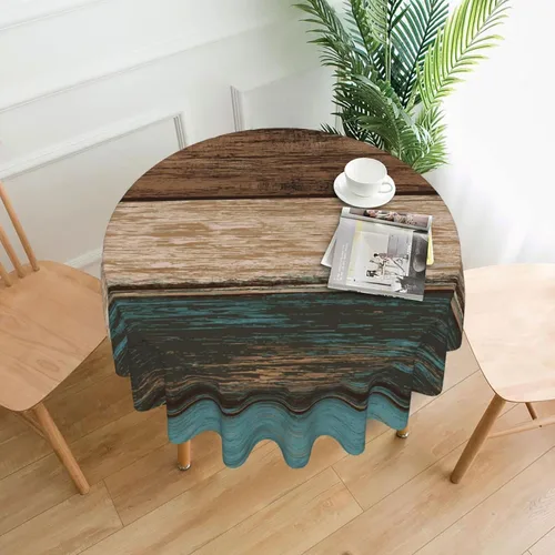 Vista 2 de Mantel rústico de madera para mesa redonda de estilo campestre, mantel de cocina y comedor turquesa, lavable, para decoración, 60x90 pulgadas