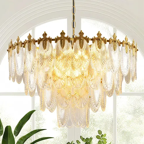 Vista 9 de Antique Chandeliers 2-Layer Gold Crystal Glass Chandelier, 4-Light Round Pendant Light 17.7" Brushed Brass Adjustable Height, Applicable to Dining