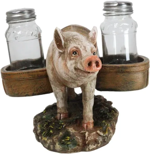 Vista 3 de Ebros Gift Animal Farm Barn Cerdo Porky con alforjas Sal Pimienta Titular Estatuilla Cerdo Cerdo Caprichoso Cerdo Tocino Piglet Estatua Organizador
