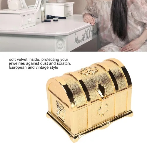 Vista 8 de Joyero de cofre del tesoro con terciopelo suave, caja de almacenamiento de joyas de metal dorado retro, joyero, anillos, aretes, collar, organizador