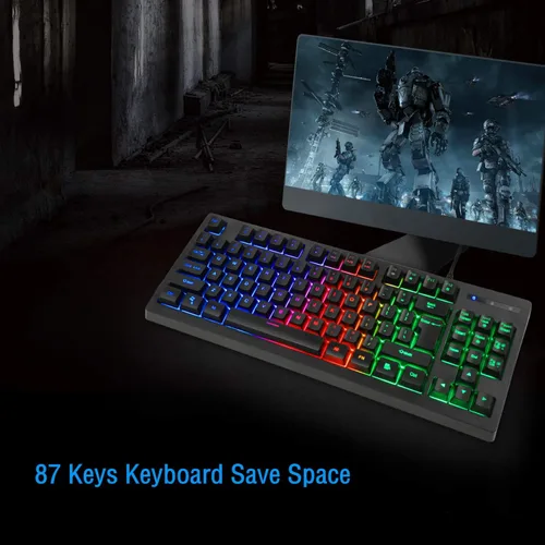Vista 5 de BlueFinger Combo de teclado RGB para juegos de 87 teclas y mouse retroiluminado teclado arcoíris con cable USB juego de teclado para computadora