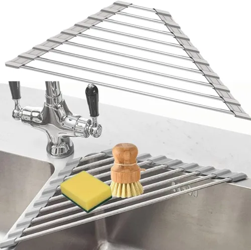 Vista 7 de Escurridor de platos triangular multiusos enrollable para esquina del fregadero, acero inoxidable sobre el fregadero, tapete escurridor de platos