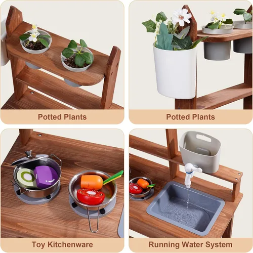 Vista 8 de ROBUD Cocina de barro para niños al aire libre, cocina de madera al aire libre, cocina de barro para niños con fregadero y grifo extraíbles