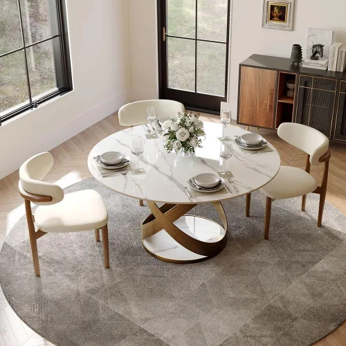 Vista 28 de POVISON Juego de 4 sillas de comedor redondas de lino y algodón con mesa de comedor de vidrio (mesa de comedor de 51 pulgadas + 4 sillas)