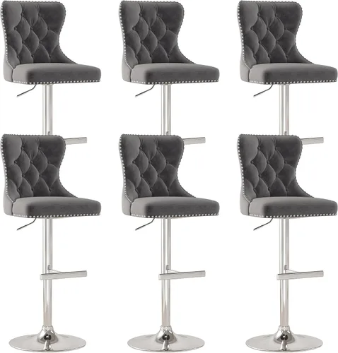 Vista 12 de Juego de 2 taburetes de bar, taburetes giratorios de terciopelo con respaldo copetudo, asiento ajustable con ribete de cabezas de clavos, sillas