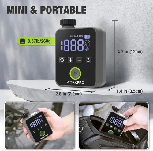 Vista 2 de WORKPRO Mini bomba eléctrica de la bici, inflador portátil del neumático de 140 PSI Digital Gauge, Auto Shut-Off, 3 Inflation Modes, LED Light