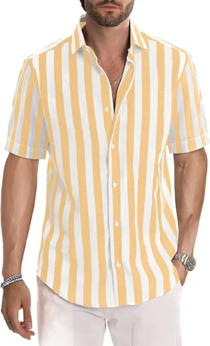 Vista 13 de JMIERR Camisa de vestir a rayas de algodón con botones y manga corta para hombre 1 raya azul cielo