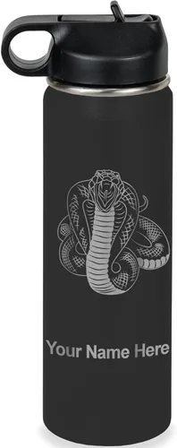 Vista 18 de LaserGram Botella de agua personalizada, serpiente de cobra, acero inoxidable de doble pared aislada al vacío con popote superior, regalo grabado