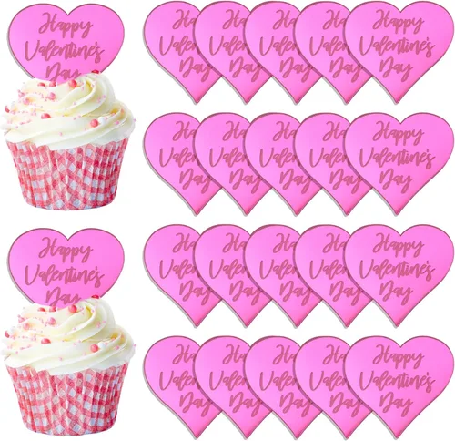 Vista 9 de Decoración para el Día de San Valentín – 20 unidades de discos y palillos para tartas de corazón, decoración de acrílico con espejo