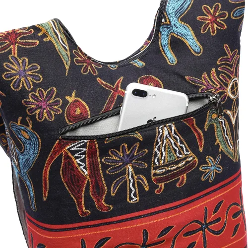 Vista 4 de Bolsa de hombro para mujer, de lona en estilo hippiebohemio para llevar cruzada al hombro, disponible en diferentes colores y estampados