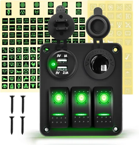 Vista 9 de GOOACC Panel de interruptor basculante de 3 bandas con cargador USB y encendedor de puros, interruptor de palanca de 12 V 24 V, interruptor Azul