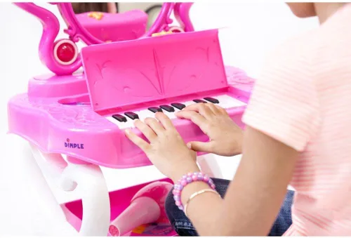 Vista 5 de Dimple Juego de tocador de princesa 2 en 1 con accesorios de maquillaje, sonidos de teclado de piano musical y luces intermitentes, secador de pelo