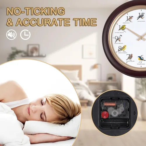 Vista 5 de Reloj de pared de pájaro cantante con canciones reales de pájaros de 13.3 pulgadas, movimiento silencioso sin tictac, reloj decorativo de animales