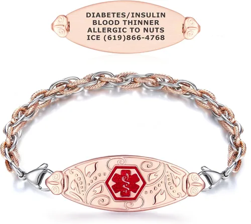 Vista 9 de Divoti Pulseras de alerta médica para mujer, pulsera de identificación médica de filigrana de oro rosa PVD grabada personalizada, con malla