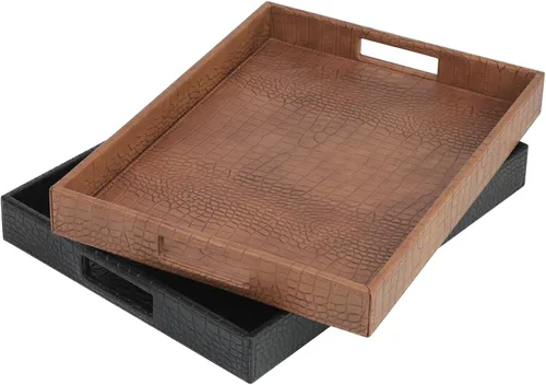 Vista 9 de HofferRuffer Bandeja rectangular de servir con asas con agujeros para mesa de café, desayuno, té, comida, bandeja de servicio para mostrador