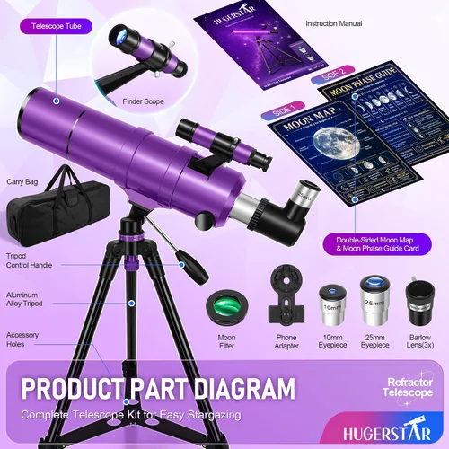 Vista 8 de Telescope for Adults & Kids, 90mm Aperture 600mm Refractor Telescope for Astronomy Beginners, Portable Travel Telescopes with Tripod, Phone Adapter