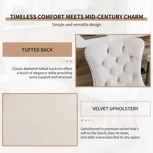 Vista 5 de Juego de 2 Sillas de Comedor Modernas de Mediados de Siglo, Tapizadas en Terciopelo Beige con Respaldo Acolchado, Sillas de Cocina y Comedor, Patas